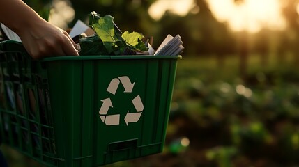 Recycling bin filled with various waste materials outdoors.