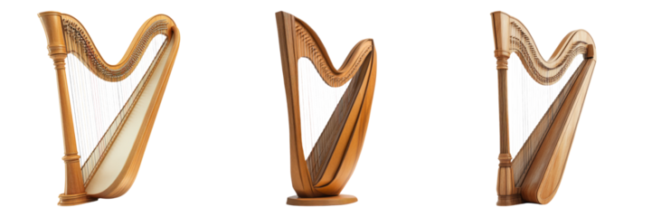 Wooden harp instruments in elegant curves isolated on transparent PNG image perfect for classical music or fantasy-inspired scenes