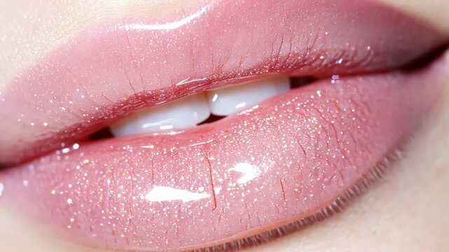 Shiny pink lips with sparkling gloss highlight the results of cosmetology, emphasizing lip augmentation and dental aesthetics, creating a glamorous and alluring look