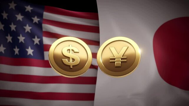 3D illustration of gold dollar and yen coins in front of the USA and Japan flags, symbolizing currency exchange, global trade, and economic cooperation.