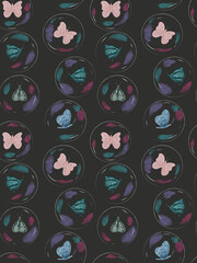 Multicolored butterflies in soap bubbles. Seamless pattern.