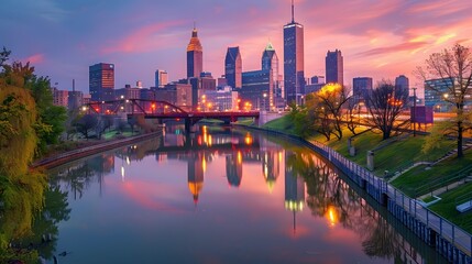 Naklejka premium Serene Cityscape with Skyline Reflecting on Calm River Blending Urban Dynamism and Natural Tranquility