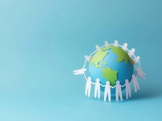 Fototapeta premium Paper chain of people holding hands around globe, community health concept