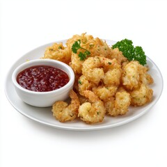 Fried shrimp with sauce on plate isolated on white background