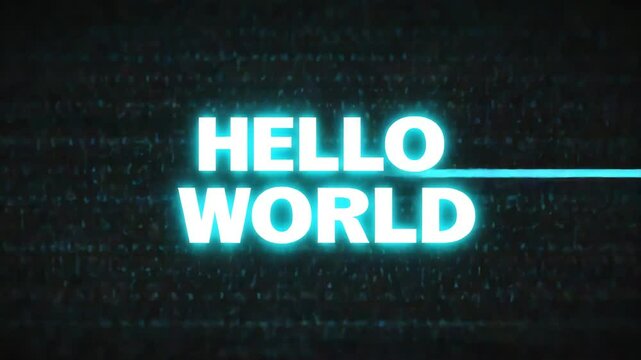 Glowing 'HELLO WORLD' Text in Vibrant Blue Against a Dark Programming-Themed Background. Hello Word neon text animation 4k video