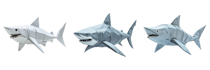 Polygonal shark figures in folded paper style isolated on transparent PNG image perfect for marine-themed games or artworks