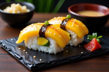 Elegant Tamago Nigiri Sushi on Slate with Traditional Accents