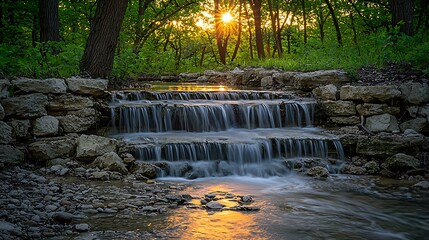 Tranquil cascading waterfall in a sun-drenched forest.  Water flows over stone steps, creating a serene atmosphere