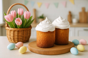 Two simple Easter cakes with white whipped icing, decorated with pastel eggs and pink tulips in a cozy spring kitchen.
