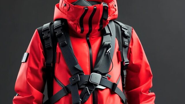 A vibrant red outdoor jacket displayed against a dark background, showcasing its features and design