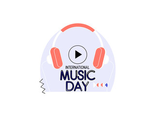 Vibrant graphic for International Music Day celebrating the art of music. This graphic features a stylized pair of headphones in vibrant pink and light blue on a deep purple background.