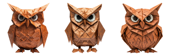 Stylized origami owls with layered textures isolated on transparent PNG image perfect for forest animal packs or night-themed art