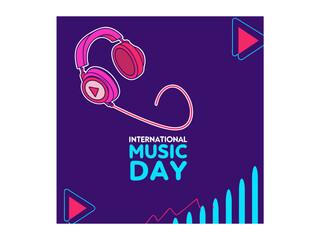 Vibrant graphic for International Music Day celebrating the art of music. This graphic features a stylized pair of headphones in vibrant pink and light blue on a deep purple background.