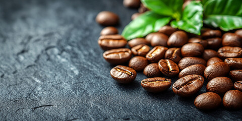 Roasted coffee beans with green coffee tree leaves on black background, copy space