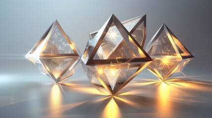 A collection of transparent octahedrons with metal frames on a reflective surface casting light