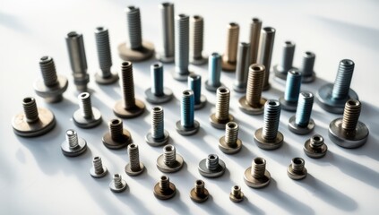 Close-up of Various Metal Bolts and Screws on White Background
