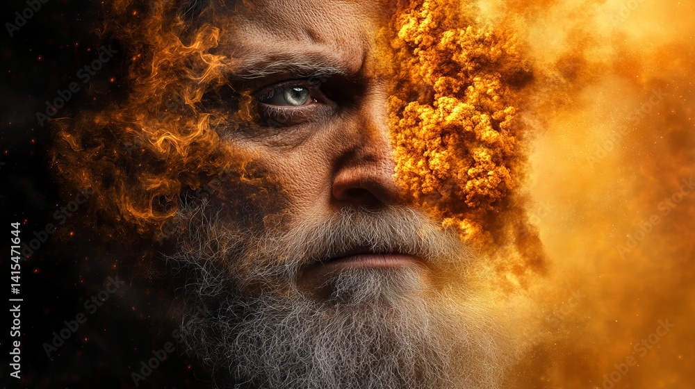Poster man with a beard is partially obscured by fiery explosion on one side of his face.