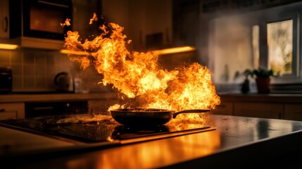 Kitchen fire accident with smoke and burning towel, caught mid-action