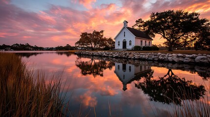 Fototapeta premium A white chapel sits by a river with a reflection of the chapel in the water. The sky is filled with a colorful sunset