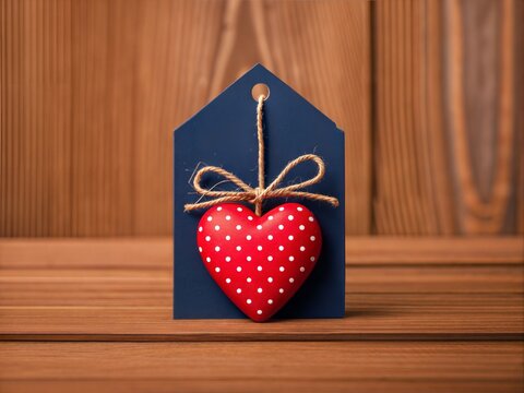 Mothers Day gift tag with a red heart ornament, representing love and appreciation for moms, placed on a rustic wooden surface with a soft background