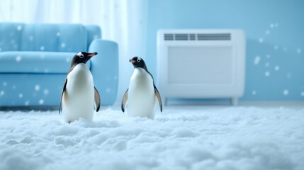 Cozy modern living space with soft snow and penguins, blending nature and design