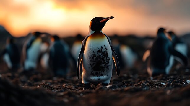 King penguin standing out against a sunset.