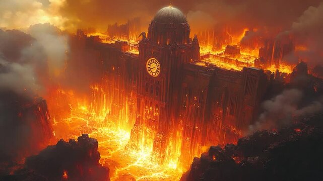 A fiery inferno envelops a grand clock tower amidst molten lava and smoke, depicting chaos
