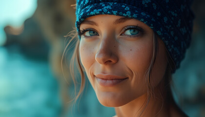 Fototapeta premium Self portrait: Woman after 30 years old, brown hair, blue eyes, radiant gentle smile, photorealistic portrait