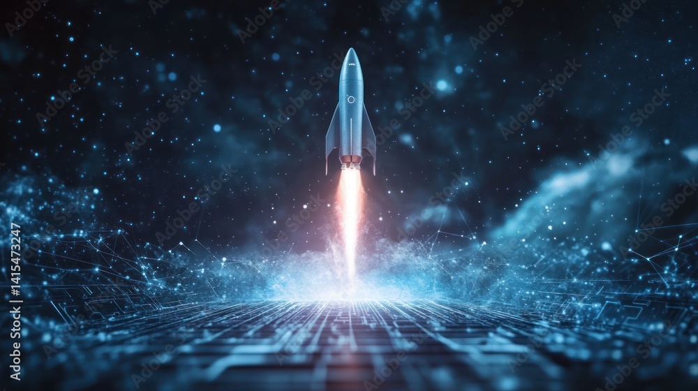 Poster rocket launching into space with digital background