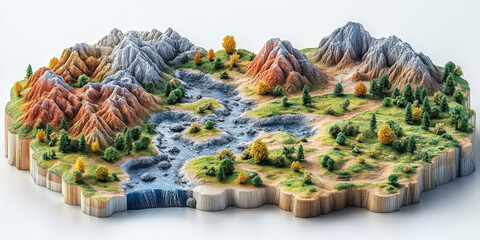 detailed 3D topographic model showcases vibrant landscape with mountains, flowing river, and lush greenery, capturing essence of natural beauty and geographical features