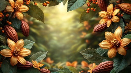 Beautiful Cocoa Tree with Bright Orange Cacao Flowers and Ripe Cocoa Pods in a Lush Tropical Garden – Exotic Floral Scene of Chocolate Plant Blossoming in the Jungle