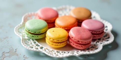 Obraz premium Various multicolored macarons arranged on a vintage lace doily, dessert, doily