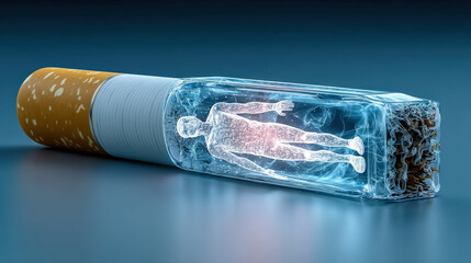 Obraz premium cigarette shaped like coffin with fading human figure inside symbolizes dangers of smoking and its impact on health. image conveys powerful message