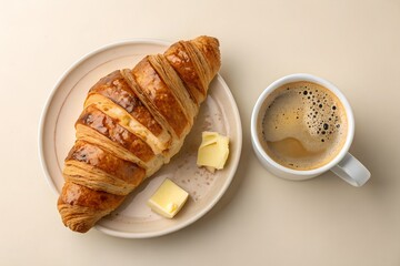 A croissant with butter and a cup of coffee on a plain beige background, top view