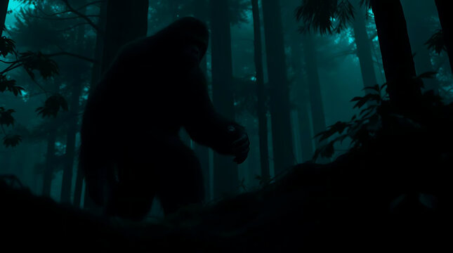 Big Foot encounter in the dark foggy forest, created by generative ai