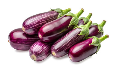 A group of vibrant fresh eggplant vegetables arranged together for display with transparent shadow and transparent reflection on transparent background png