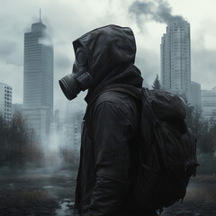 A man wearing a gas mask for respiratory protection. Exclusion zone. The concept of survival in a post-apocalyptic world. Deserted city. A consequence of a natural or man-made disaster. Illustration