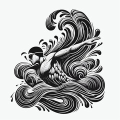Fototapeta premium Stylized swimmer in dynamic waves, showcasing athleticism in a black and white artistic design 