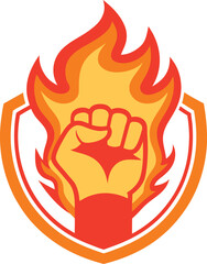  Flaming red fiery fist emblem. Clenched fist in burning fire badge or logo. Symbol strength, power vector illustration