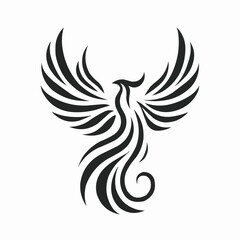 Stylized phoenix rising, represented with elegant lines in a black and white minimalist design
