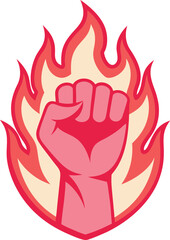  Flaming red fiery fist emblem. Clenched fist in burning fire badge or logo. Symbol strength, power vector illustration