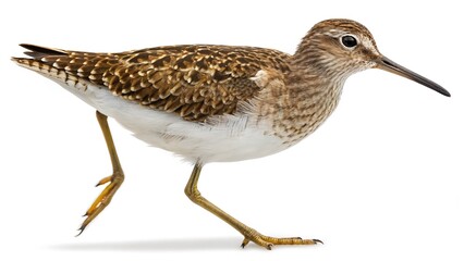 Obraz premium The wood sandpiper walks in profile against a clean white backdrop, showcasing its features.