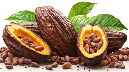 Cocoa pods. Cacao fruit and Cocoa beans with leaves on white background