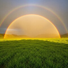 Rainbow arches over green valley meadows after gentle rainfall, each blade of grass sparkling like emeralds beneath soft golden sunlight.