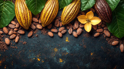 Cocoa Pods, beans, leaves and Cacao Flowers on black background, copy space