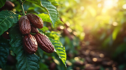 Cacao fruits on cacao tree in Cacao Plantation