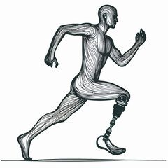 Runner with a prosthetic leg sprinting in a detailed and artistic line drawing
