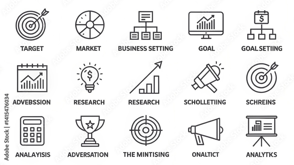 Poster collection of business and marketing icons representing various concepts and strategies created with