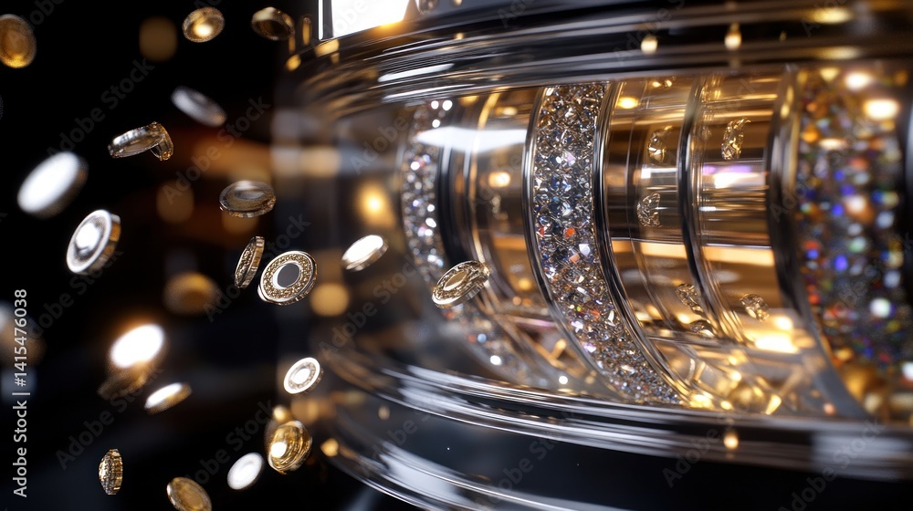 Poster glittering metallic rings with floating gems in motion