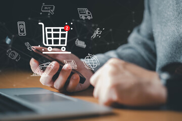 Online shopping customer point and manage online e-commerce business automation logistic supply chain in online dashboard. Global worldwide logistic management for online shopping with warehouse